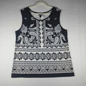 JSP Woman Paisley Panel Print Tank Top 1X Black White Sleeveless Stretch